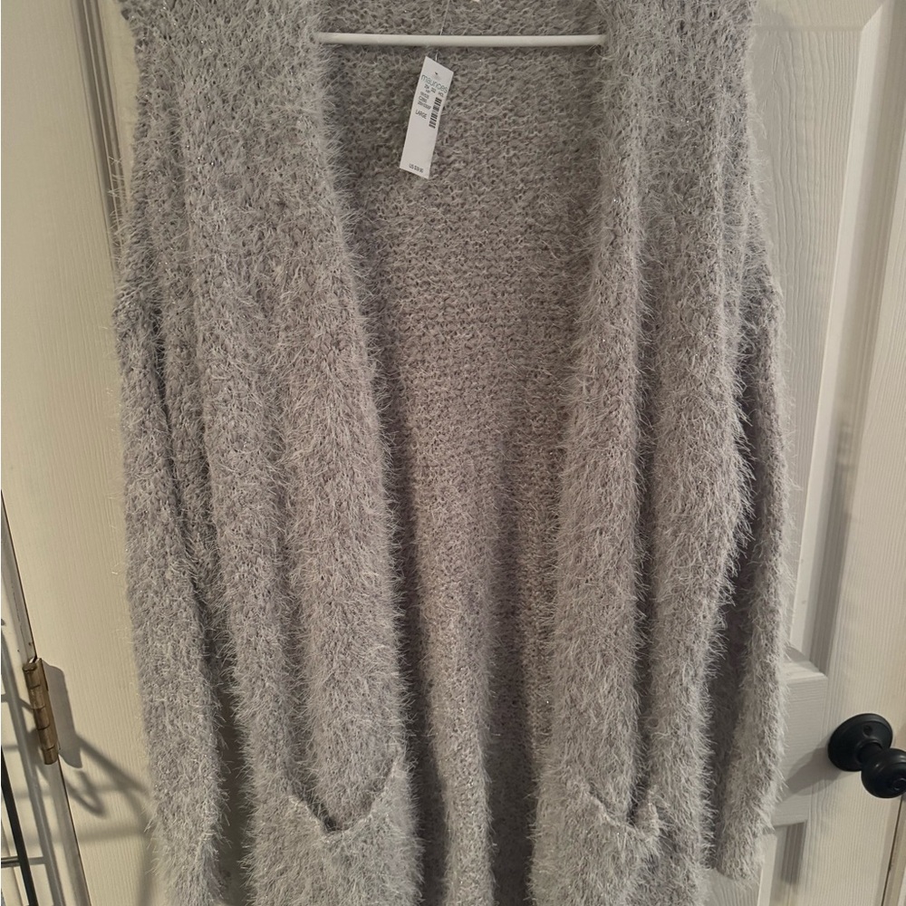 Maurices Fuzzy Open-Front Cardigan in Light Gray